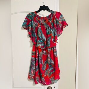 AZULU, Red/ Pink Tropical Flutter Sleeve Dress for Women, Size Medium / 8